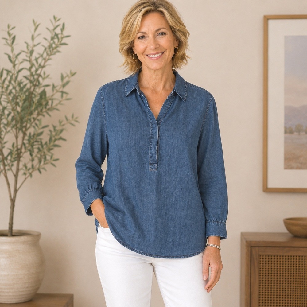 Chico's Size 3 Chambray Popover Tunic Top‎ XL 16/18 Blue Lyocell Tencel